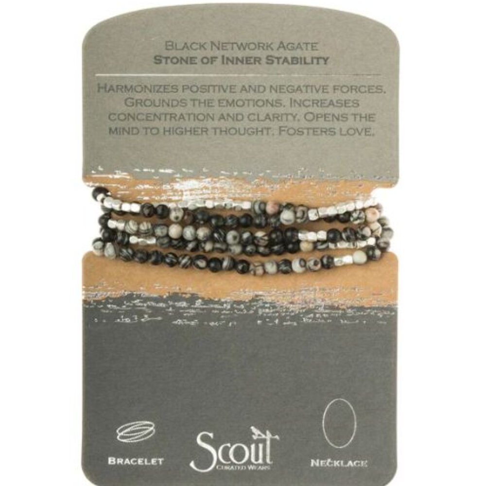 Scout Stone Wrap Bracelet Necklace - Black Network Agate -  Inner Stability